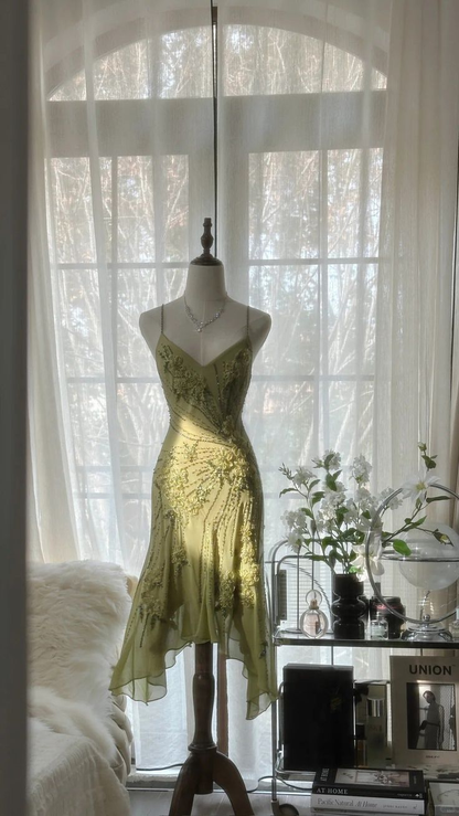 Classy Spaghetti Straps Green Chiffon Beaded Mermaid Cocktail Dress Homecoming Dress Y8854