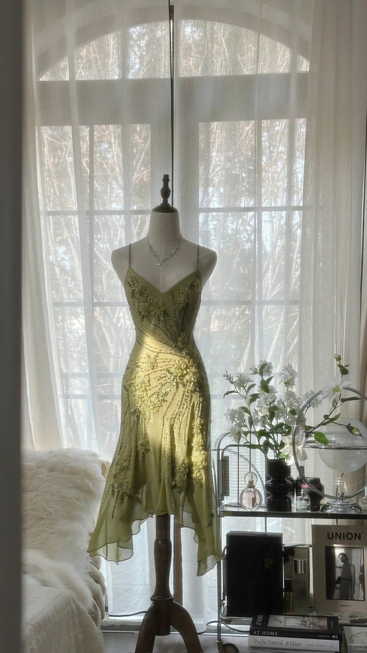 Classy Spaghetti Straps Green Chiffon Beaded Mermaid Cocktail Dress Homecoming Dress Y8854