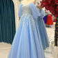 Women's Elegant Baby Blue Tulle Prom Dress, Off-the-shoulder floor length Dress Y7450