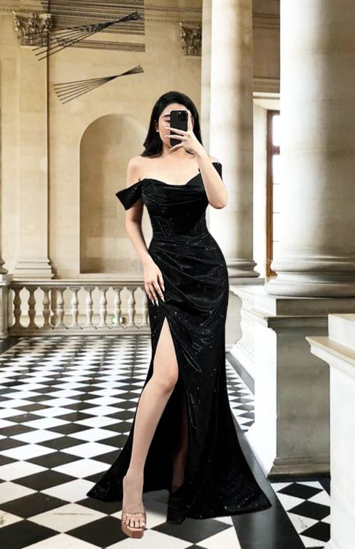 Shiny Baby Blue Off the Shoulder Satin Sequin Mermaid Slit Prom Dress Long Birthday Evening Dress SP1733