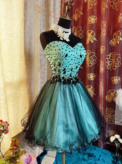 Vintage Viridian Tulle Satin Beaded Mini Cocktail Dress Strapless A Line Short 8th Grade Homecoming Dress SP2383