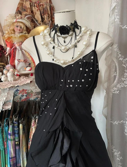 Vintage Black Spaghetti Strap Mermaid Chiffon Beaded Prom Dress Party Gown Y8781