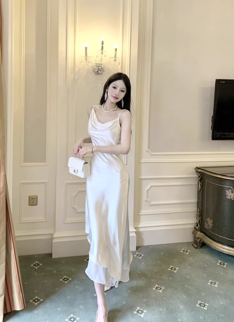 Classy Spaghetti Straps White Satin Chiffon Mermaid Long Prom Dress Birthday Party Gown SP1988