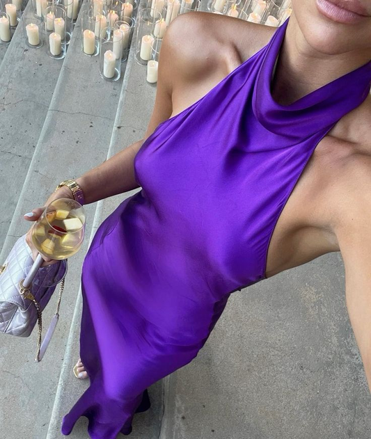 Elegant Purple Halter Neck Prom Dress,Purple Wedding Guest Outfit  Y7447