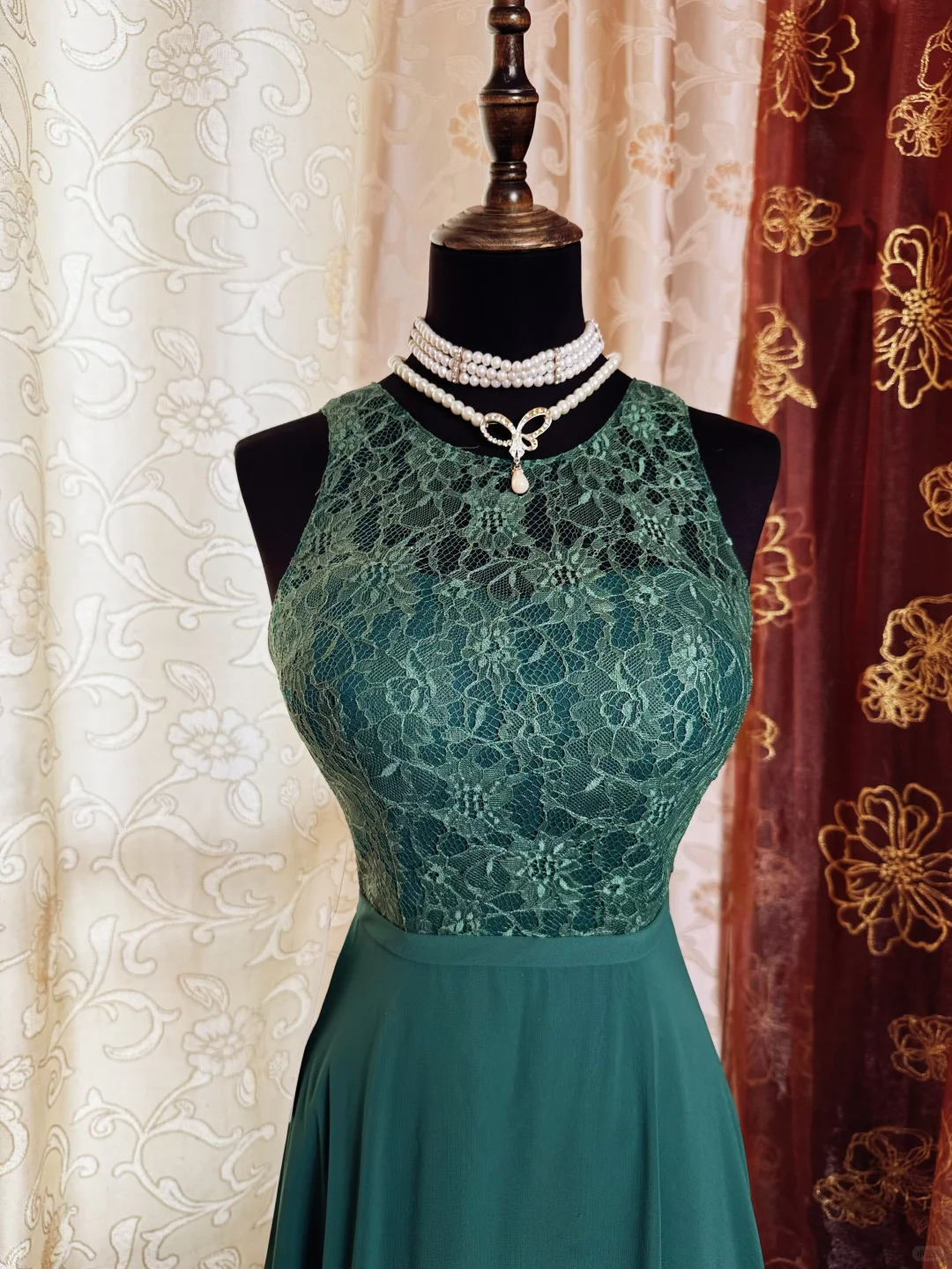 Vintage Green Sleeveless Lace Chiffon A Line Long Evening Dress Formal Wedding Guest Dress SP2385