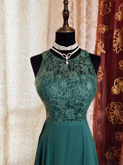 Vintage Green Sleeveless Lace Chiffon A Line Long Evening Dress Formal Wedding Guest Dress SP2385