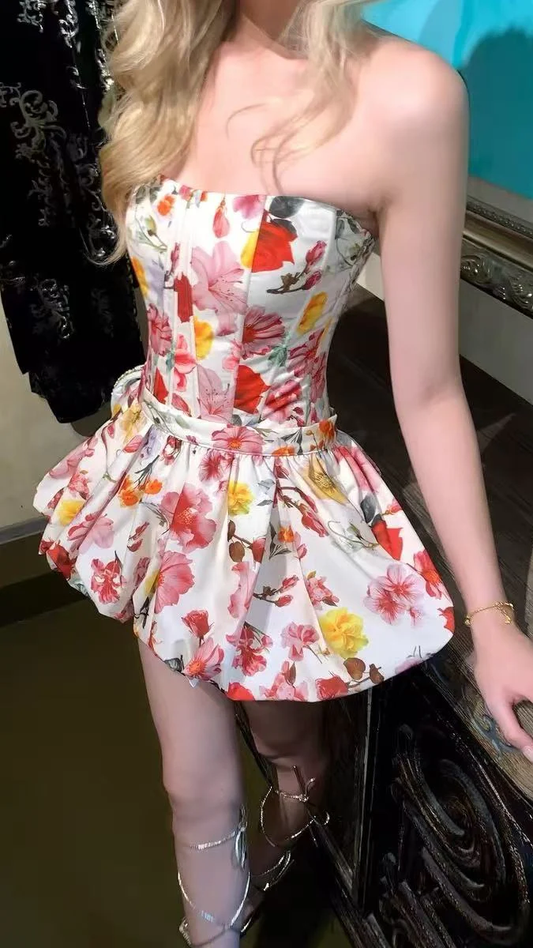 Pretty Strapless Satin Print Floral A Line Short Graduation Homecoming Dress Birthday Outfits SP146