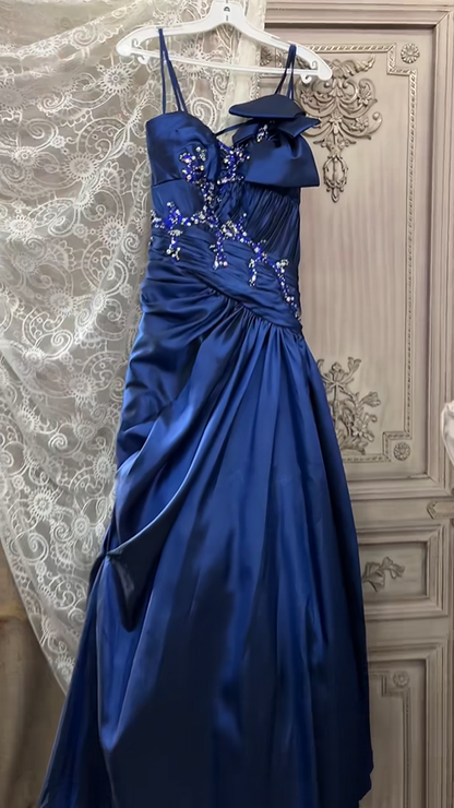 Pretty Spaghetti Straps Navy Blue Satin Beaded Mermaid Long Party Dress Evening Dress SP2155