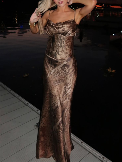 Vintage Spaghetti Straps Brown Satin Print Mermaid Evening Dress Long Prom Gown SP658