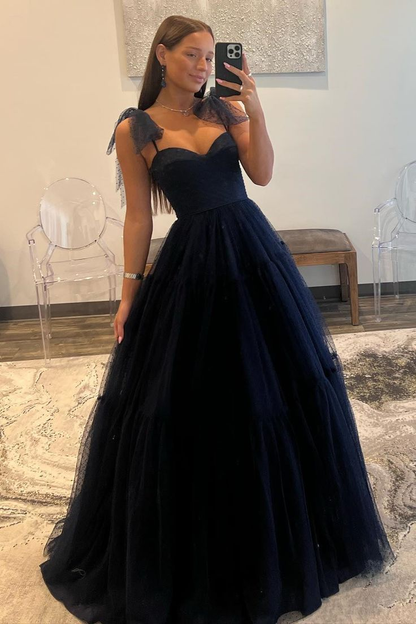 Dark Navy Bow Tie Shoulder Dot Tulle A-line Long Prom Dress Y4892 Simplepromdress Dark Navy Bow Tie Shoulder Dot Tulle A-line Long Prom Dress Y4892 Simplepromdress