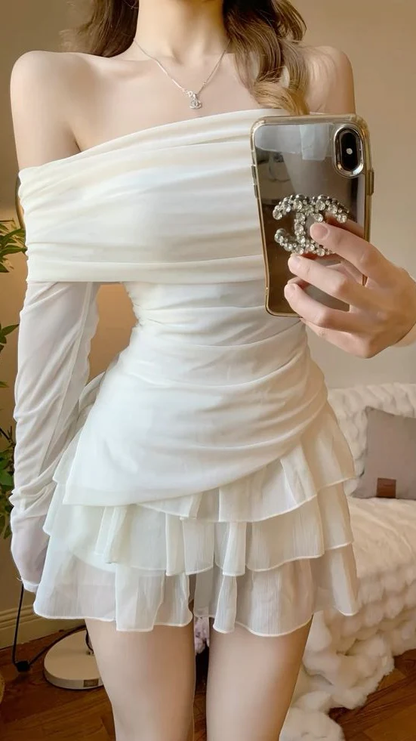 Classy Off White Off The Shoulder Chiffon Layered A Line Short 19th Birthday Outfits Homecoming Dress SP145