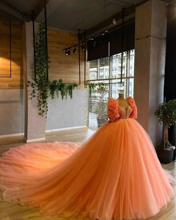 orange sweet 16 dress Orange Ruffles Tiered Sweet 16 Ball Gowns Off the Shoulder Pageant Dre SELINADRESS
