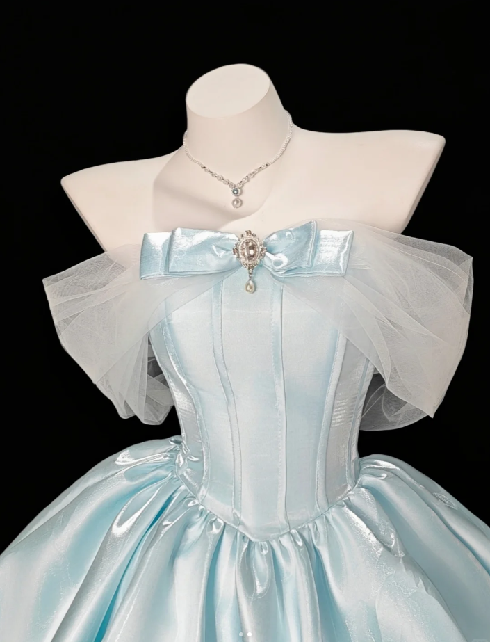 Classy Off The Shoulder Blue Satin A Line Short 7th Grade Homecoming Dress Birthday Dress SP1934
