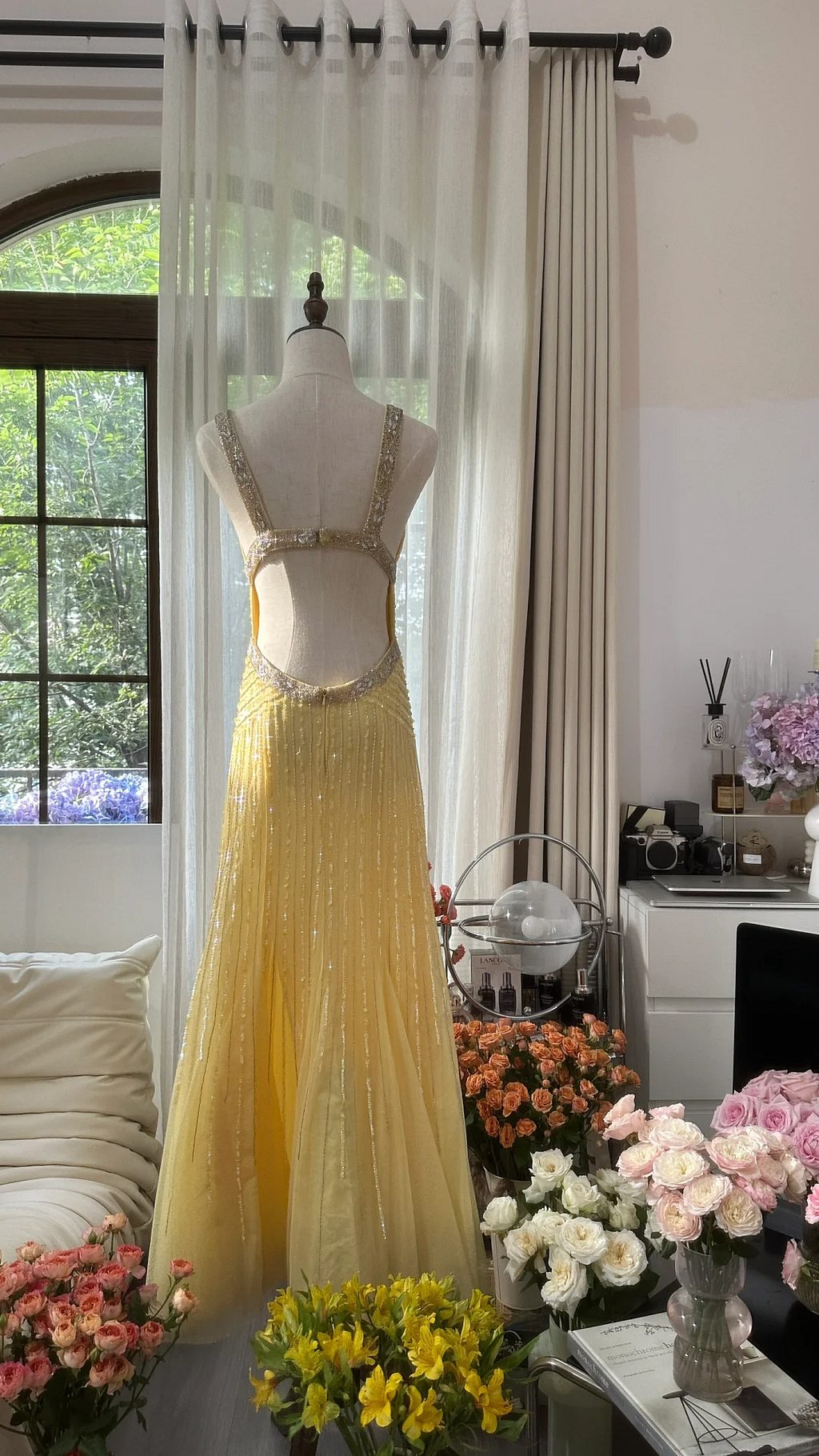 Shiny Yellow Chiffon Sequin Mermaid Long Backless Evening Dress Party Dress Wedding Guest Y9792