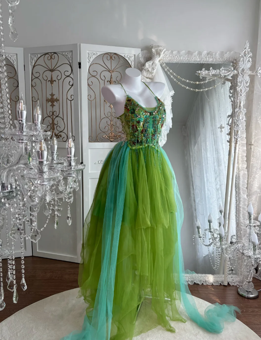 Sexy Halter Butterfly Beaded Tulle Long Party Dress Green Backless Prom Gown SP1467