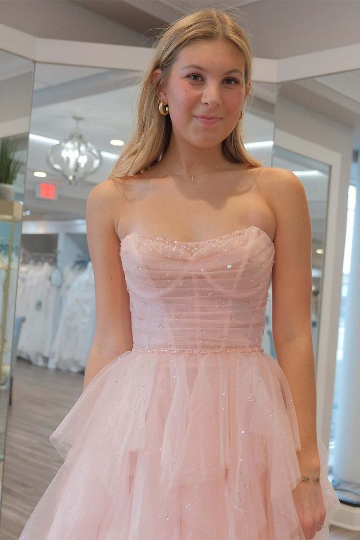 Strapless Sequin Beaded Ruffle Tulle Prom Dress Y7003