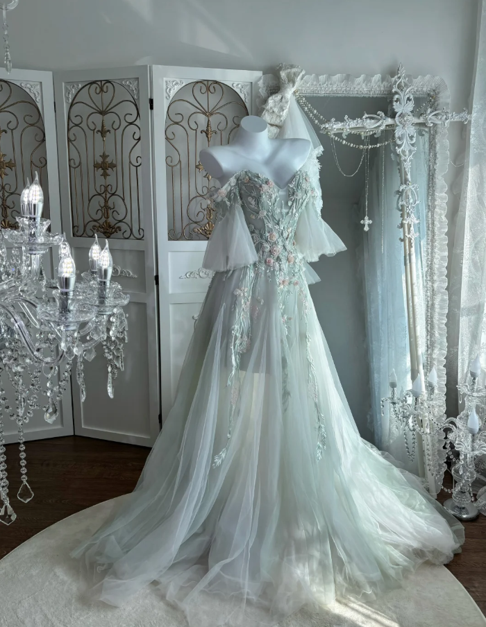 Elegant Off The Shoulder Tulle Appliques Beaded Mermaid Party Dress, Light Green Long Wedding Guest Dress SP1455