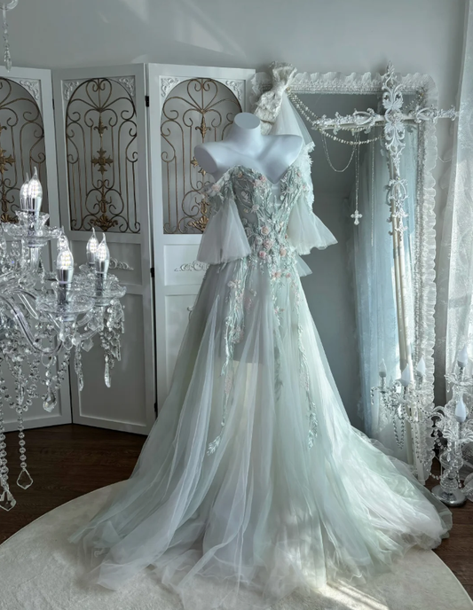 Elegant Off The Shoulder Tulle Appliques Beaded Mermaid Party Dress, Light Green Long Wedding Guest Dress SP1455