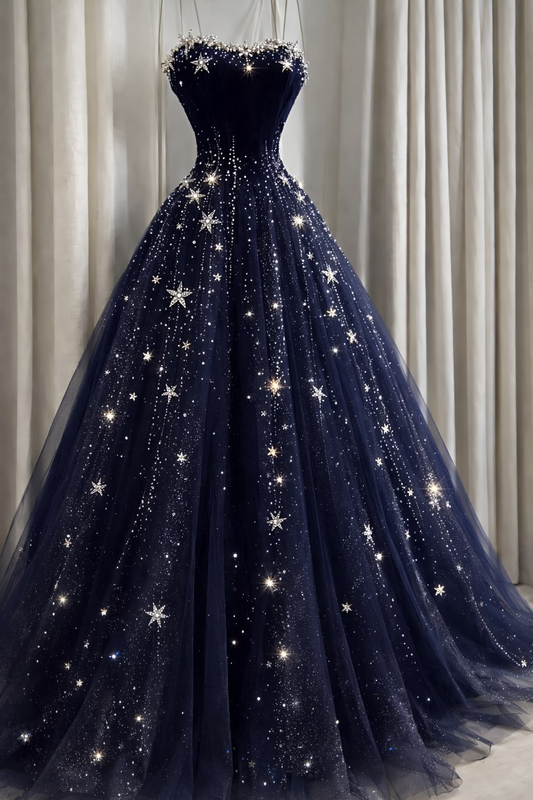 Gorgeous Strapless Ball Gown Navy Blue Tulle Beaded Long Prom Dress Birthday Party Dress SP2046