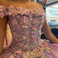 Lavender Applique Off Shoulder Shiny Elegant Tulle Ball Gown 3D Flowers Princess Dress Sweet 15th Y285