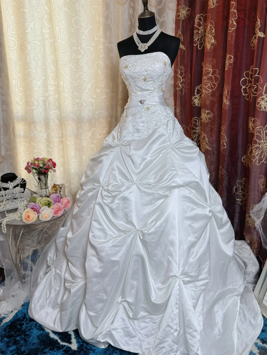 Vintage Strapless Satin Pleated Beaded Bridal Dress White Long Wedding Dress SP1611