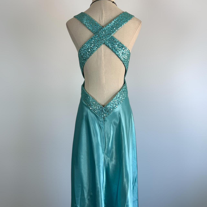 Blue V Neck Satin Sequin Formal Prom Dress Backless Evening Dress Y8548