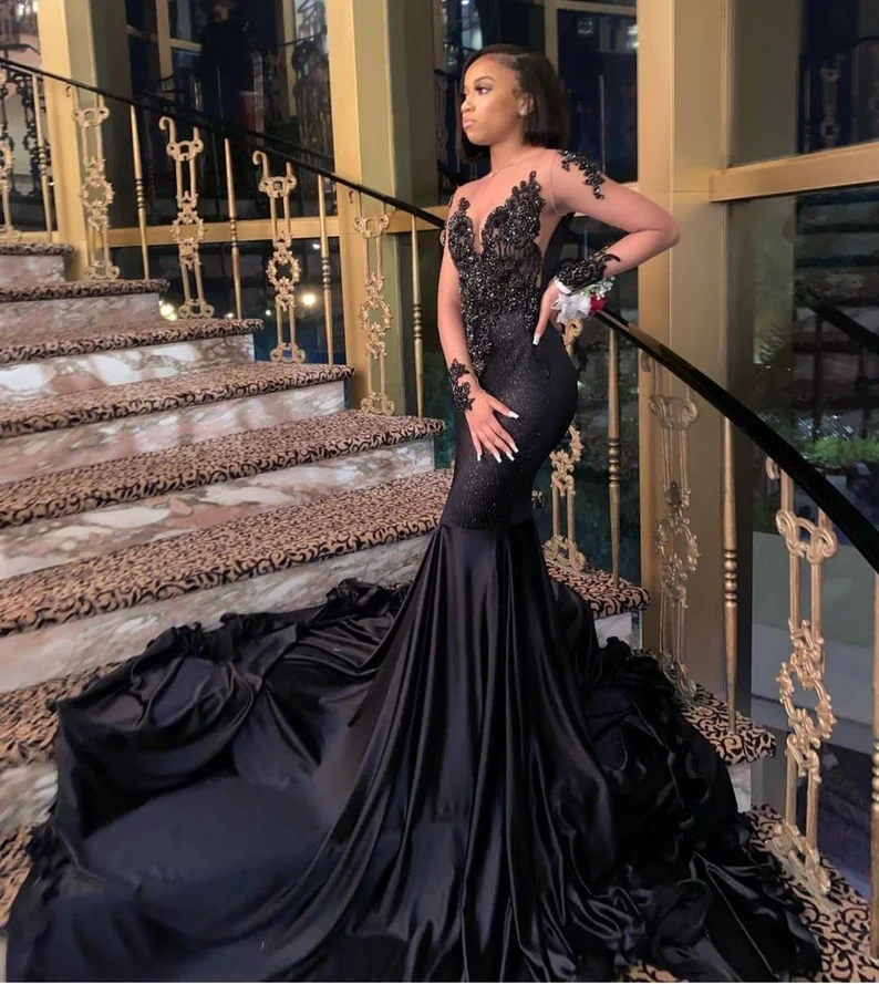 Black mermaid prom dress,Christmas dress,African women party dresses,wedding reception gown Y6437