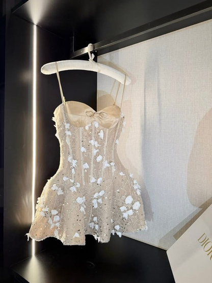 Elegant Spaghetti Straps Champagne Satin Short Graduation Homecoming Dress Cocktail Dress SP3619
