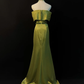 Classy Olive Green Satin Off The Shoulder Slit Prom Dress,Slit Mermaid Evening Dress Y8650