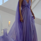 Simple Purple V Neck Tulle Prom Dress Long Evening Gown Y7774