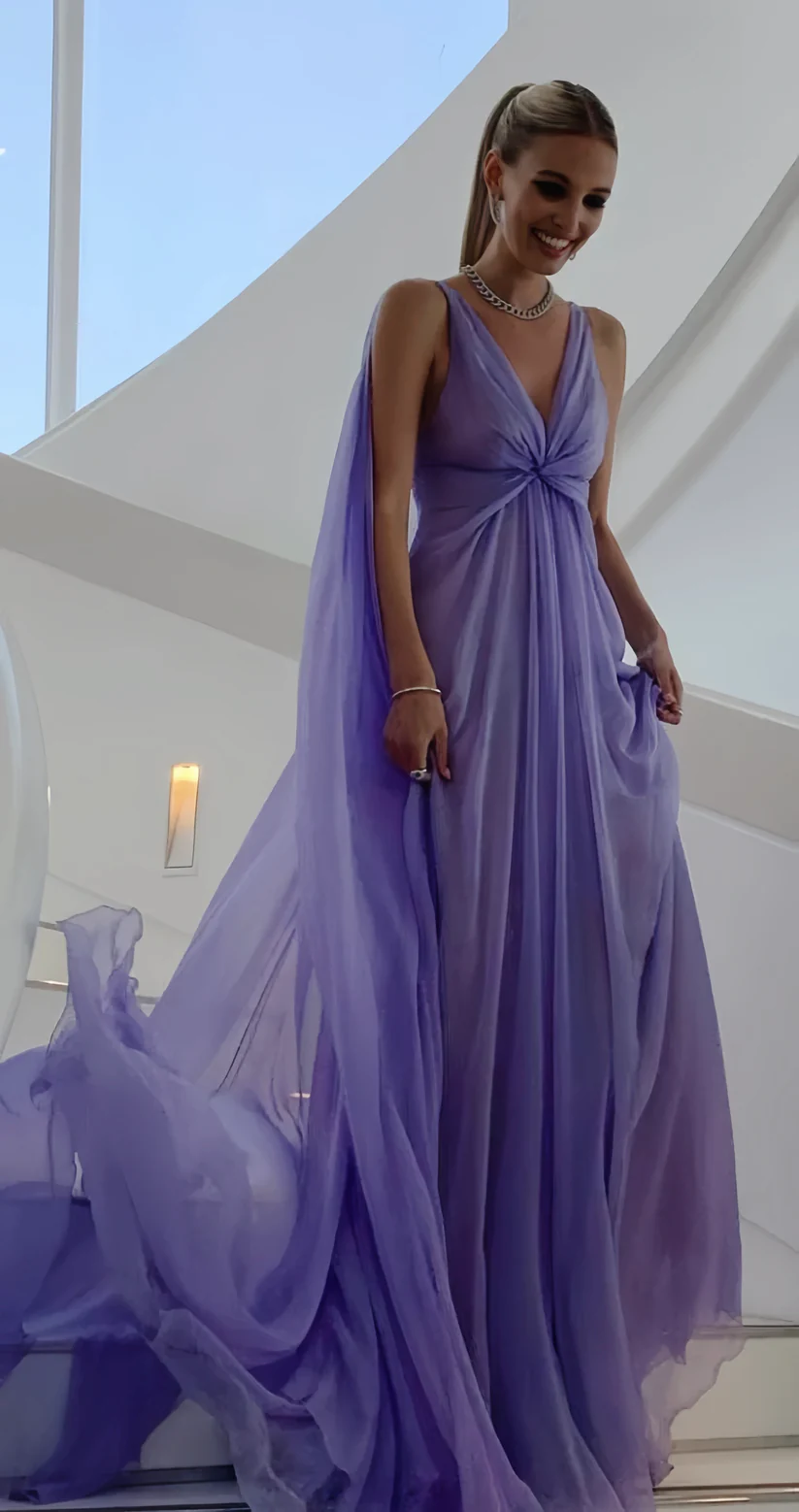 Simple Purple V Neck Tulle Prom Dress Long Evening Gown Y7774
