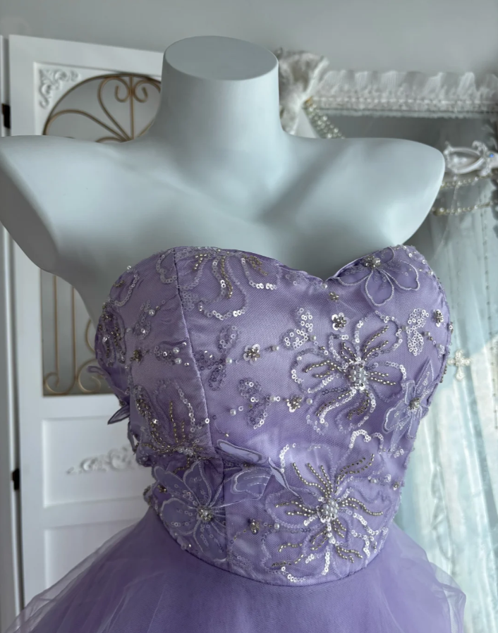 Classy Strapless Lavender Sequin Tulle Layered Long Wedding Guest Dress ,Long Birthday Party Dress SP1453