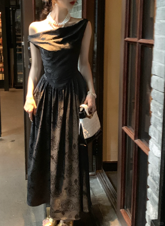 Sexy Off The Shoulder Satin Print Floral A Line Long Prom Dress Black Party Gown SP2066