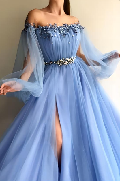 Gray Off The Shoulder Tulle Appliques Slit Prom Dress S23034