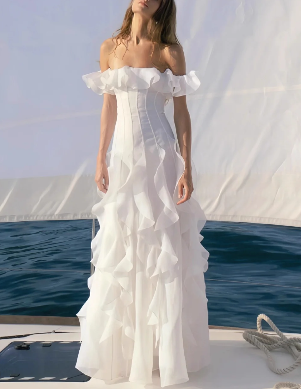 Classy White Off The Shoulder Chiffon Ruffles Long Prom Dress Party Dress SP2673