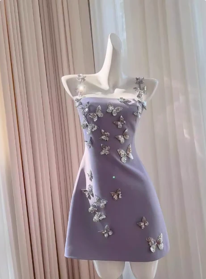 Classy Spaghetti Straps Purple Satin Sequin Butterflies Short Homecoming Dress Birthday Dress SP3271