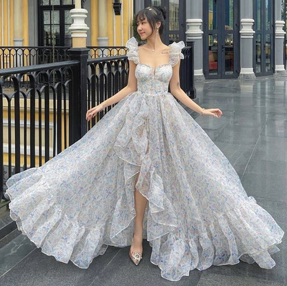 Princess Chiffon Print Floral A-line Long Prom Dress,18th Birthday Outfit Y6908