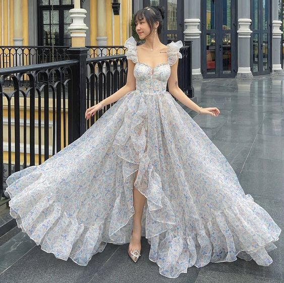 Princess Chiffon Print Floral A-line Long Prom Dress,18th Birthday Outfit Y6908