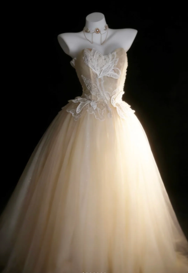 Classy Light Champagne Tulle Sequin Appliques Long Birthday Prom Dress Evening Gown SP1842