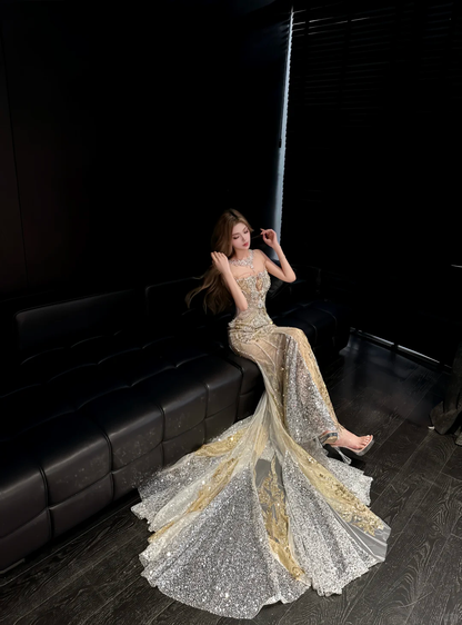 Glitter Tulle Sequin Beaded Mermaid Long Wedding Dress SP4155