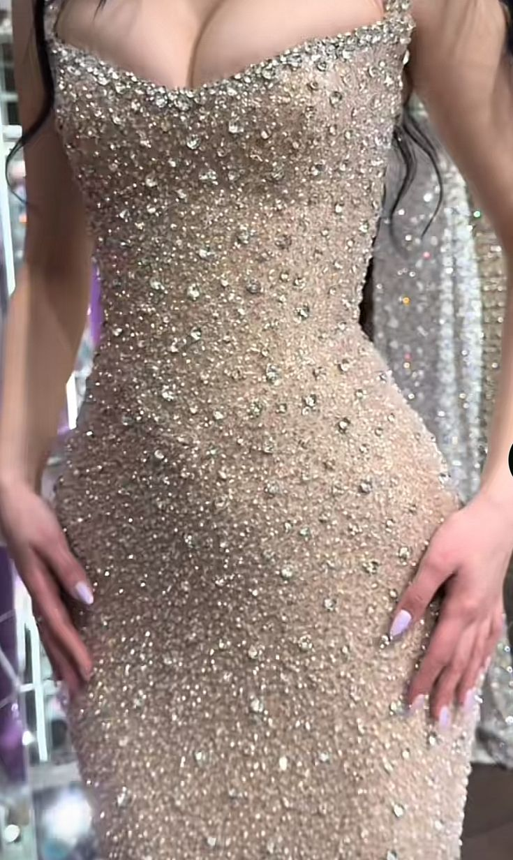 Charming Spaghetti Straps Champagne Sequin Beaded Mermaid Evening Dress Long Prom Gown SP798