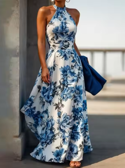 New Arrive Sleeveless Satin Floral Print Halter Neck A Line Evening Dress,Blue Prom Dress Y8480