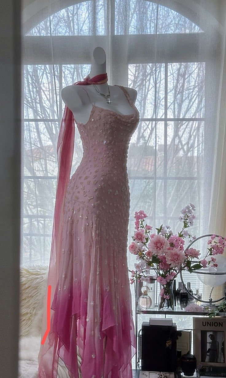 Vintage Pink Chiffon Beaded Mermaid Evening Dress Prom Dress Y8788