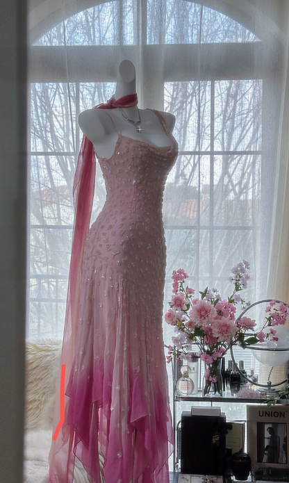 Vintage Pink Chiffon Beaded Mermaid Evening Dress Prom Dress Y8788