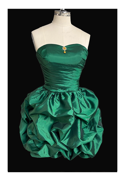 Vintage Green Strapless Satin Pleated Short Cocktail Dress Formal Graduation Homecoming Dress Y9564