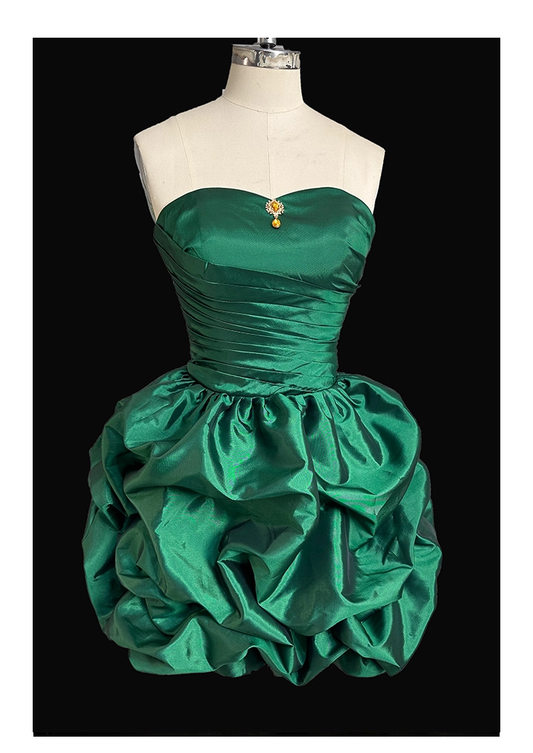 Vintage Green Strapless Satin Pleated Short Cocktail Dress Formal Graduation Homecoming Dress Y9564
