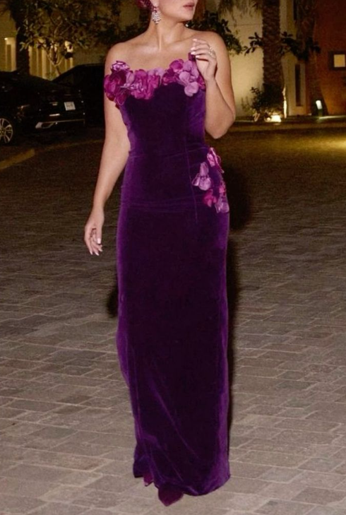 Vintage Floral Strapless Purple Velvet Sheath Long Birthday Outfits Formal Party Dress SP643