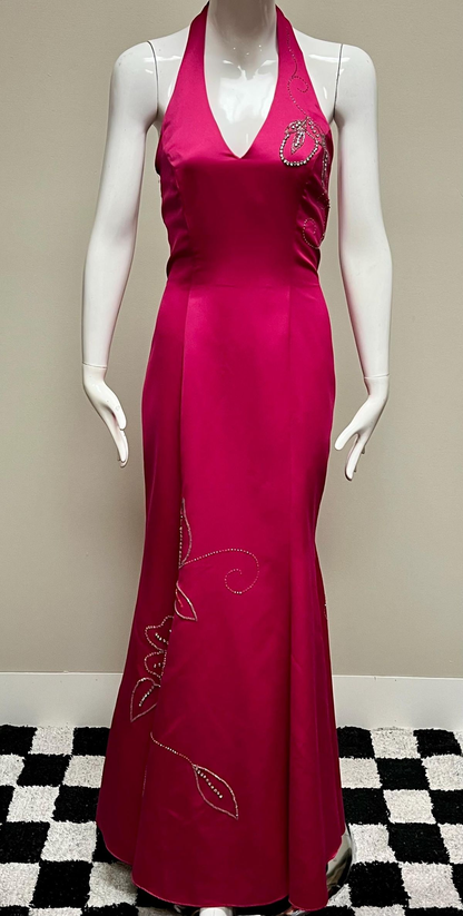 Fashion Hot Pink Halter Satin Beaded mermaid Long Evening Dress Formal Birthday Prom Dress SP1360