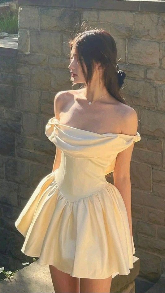 Elegant Off The Shoulder Satin A Line Short Homecoming Dress,Off White Mini Cocktail Dress SP2457