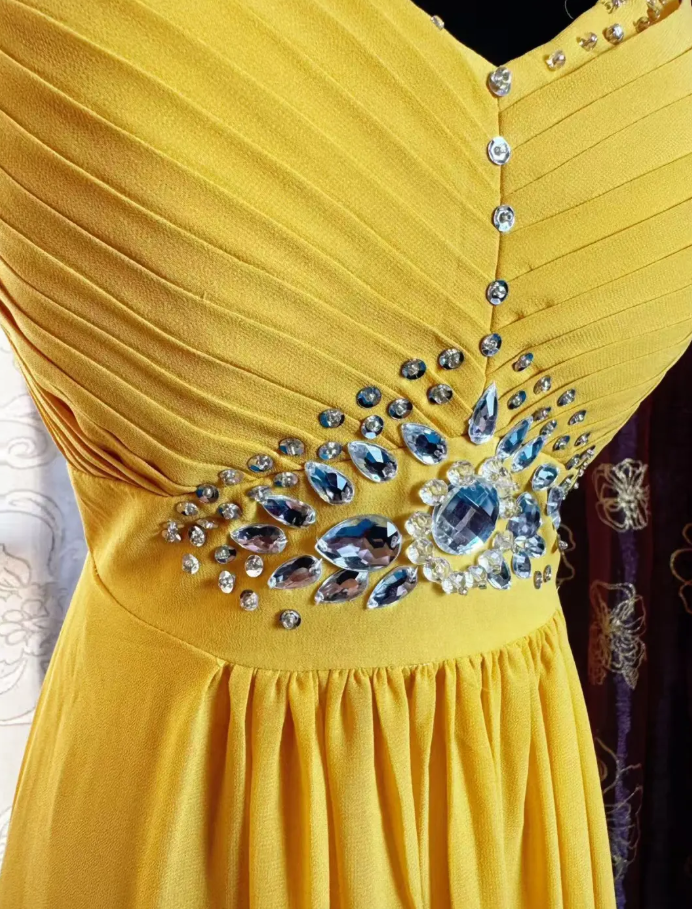 Vintage V Neck Yellow Chiffon Beaded A Line Long Party Dress Prom Dress SP1951